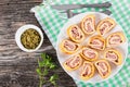 Cheese spicy meat rolls on white plate, close-up Royalty Free Stock Photo