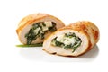 Cheese And Spinach Stuffed Chicken Rolls On A White Background. Generative AI