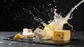 Cheese Splash with High-Speed Motion on Black Background Royalty Free Stock Photo