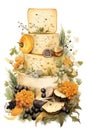 Cheese stacked and decorated with fruits and herbs as illustration in vintage style, Generative AI Royalty Free Stock Photo