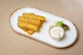 Cheese sticks fried in breadcrumbs. Mozzarella cheese sticks on a plate with sauce and lettuce Royalty Free Stock Photo