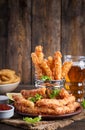 Cheese sticks and onion rings in batter with sauce. Beer snacks Royalty Free Stock Photo