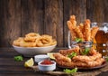 Cheese sticks  and onion rings in batter with sauce. Beer snacks. Royalty Free Stock Photo