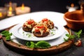 Cheese And Tomato Stuffed Portobello Mushrooms On A White Background. Generative AI