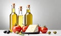 Cheese with tomatoes and bottles of oil on a light background. Conceptual food photo Royalty Free Stock Photo