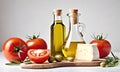 Cheese with tomatoes and bottles of oil on a light background Royalty Free Stock Photo