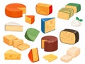 Cheese types. Cartoon cutted parmesan, brie triangle, mozzarella, gouda cheddar and feta slices. Tasty dairy food