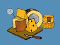 Cheese types composition on blue background. Colorful vector hand drawn illustration.