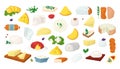 Cheese types vector illustrations set isolated on wite. Slices of parmesan, cheddar, fresh food icons. Swiss cheese