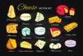 Cheese vector collection. Hand drawn illustration of cheese types Brie, Mozzarella, Stilton, Blue cheese, Camembert