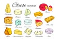 Cheese vector collection. Hand drawn illustration of cheese types Brie, Mozzarella, Stilton, Blue cheese, Camembert