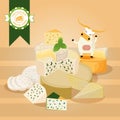 Cheese vector illustration. Various kinds of different cheese, tasty natural dairy products, delicious blue cheese