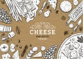 Cheese vertical banner collection. Antipasto table background.