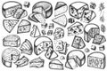 Cheese vintage vector illustrations collection. Black and white brie, gouda cheese, roquefort, etc.