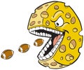 Cheese wheel with face and mouth eating footballs Royalty Free Stock Photo