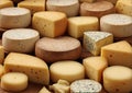 Cheese wheels of many various type of cheese on background Royalty Free Stock Photo