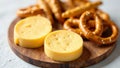 Cheese wheels and pretzels on wooden board Royalty Free Stock Photo