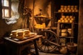 cheese wheels stacked in cellar with temperature gauge