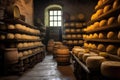 cheese wheels stacked for maturation in cellar Royalty Free Stock Photo