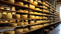 cheese wheels stacked on shelves at a creamery