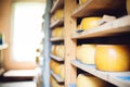 cheese wheels stored in a maturation cellar