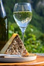 Cheese and wine, glasses of dry white Roussette de Savoie and Vin de Savoie wine from Savoy region with tomme cheese and view on Royalty Free Stock Photo