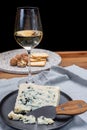 Cheese and wine pairing, french soft blue roquefort cheese and sweet white sauternes wine from Bordeaux, France Royalty Free Stock Photo