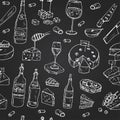 Cheese and wine store Vector seamless pattern with food and drink hand drawn doodles. Royalty Free Stock Photo