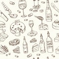 Cheese and wine store Vector seamless pattern with food and drink hand drawn doodles. Royalty Free Stock Photo