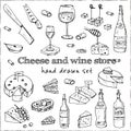 Cheese and wine store Vector set with food and drink hand drawn doodles. Royalty Free Stock Photo