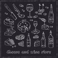 Cheese and wine store Vector set with food and drink hand drawn doodles. Royalty Free Stock Photo