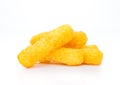 Cheese yellow corn snacks closeup on white Royalty Free Stock Photo