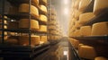 Cheese yellow food storage dairy industrial shelves production milk factory manufacturing cellar round