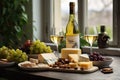 Cheeseboard with assorted cheese, grape near wineglass and white wine bottle on table near window Royalty Free Stock Photo