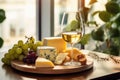 Cheeseboard with assorted cheese, grape near wineglass with white wine on table near window