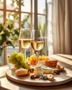 Cheeseboard with assorted cheese near two wineglasses and bottle on table near window. Created with generative Ai