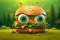 Crazy burger with eyes on summer green background. Generative AI. Burger day