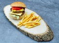 Cheeseburger with cheddar chese, pickled cucumbers, french fries on wooden tray Royalty Free Stock Photo