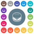 Cheeseburger flat white icons on round color backgrounds