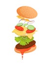 Cheeseburger with flying ingredients such as meat, ketchup, lettuce, tomato, cucumber, onion, sauce and cheese. Vector Royalty Free Stock Photo