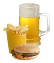 Cheeseburger French fries and beer