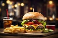 Cheeseburger and French fries on a plate at a cozy restaurant.