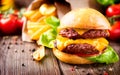 Cheeseburger with fresh salad and french fries Royalty Free Stock Photo