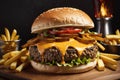 Cheeseburger with fries and tomato on a wooden table