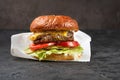 Cheeseburger with grilled meat, cheese, tomato and potatoes on dark wooden surface. Ideal for advertisement. Close-up Royalty Free Stock Photo