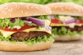 Cheeseburger hamburger burger closeup close up beef tomatoes let