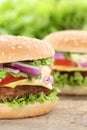 Cheeseburger hamburger closeup close up beef tomatoes lettuce ch