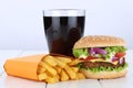 Cheeseburger hamburger and fries menu meal combo cola drink unhealthy eating Royalty Free Stock Photo