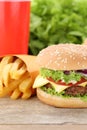 Cheeseburger hamburger and fries menu meal combo fast food drink Royalty Free Stock Photo