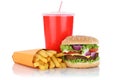 Cheeseburger hamburger and fries menu meal combo fast food drink Royalty Free Stock Photo